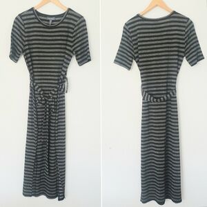 Modcloth Womens Short sleeve Gray Black Striped Tie Waist Maxi Dress Size M
